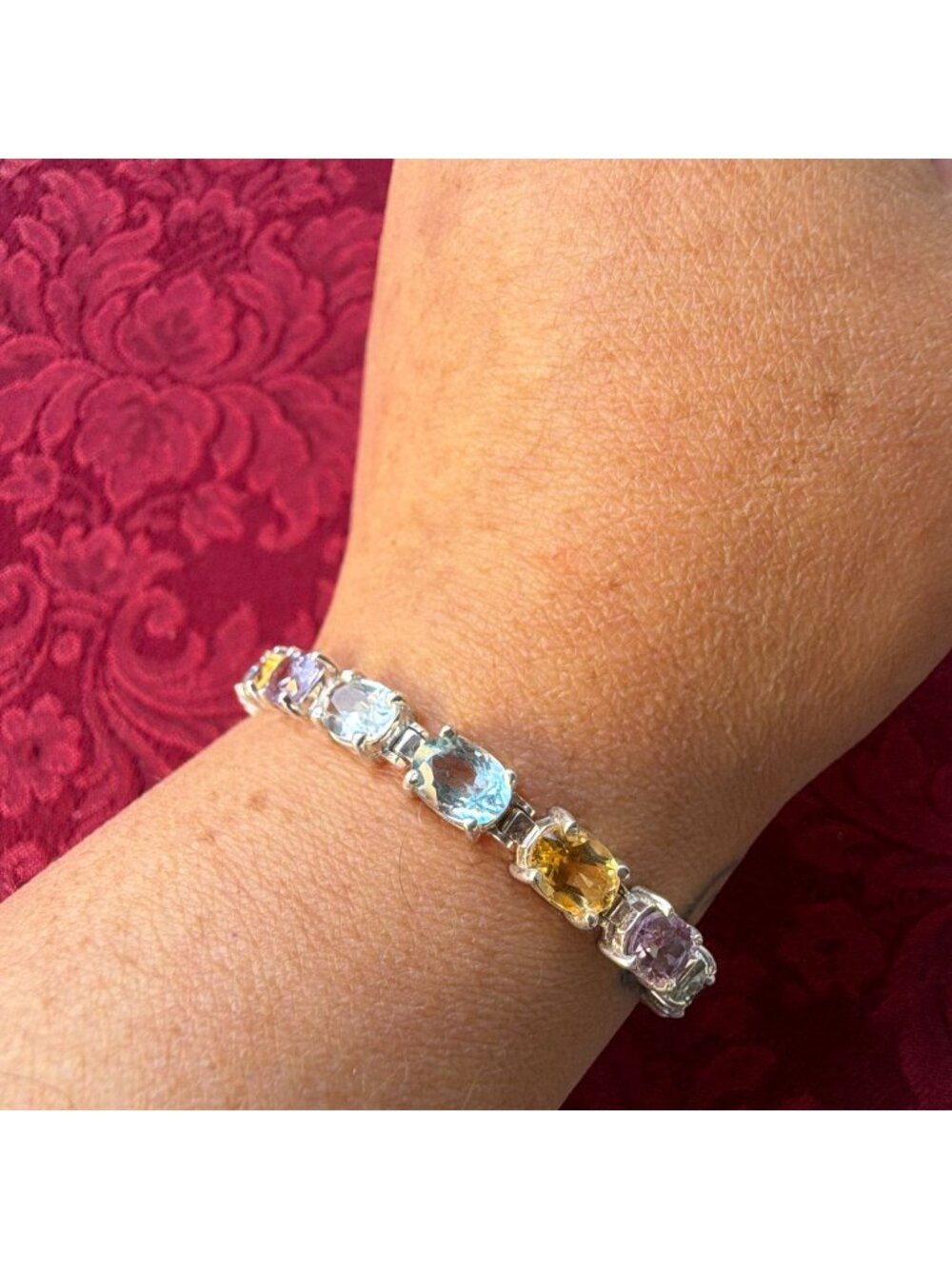 Vintage Sterling Silver 925 Gems Tennis Bracelet Amethyst Citrine Topaz ALX 8"